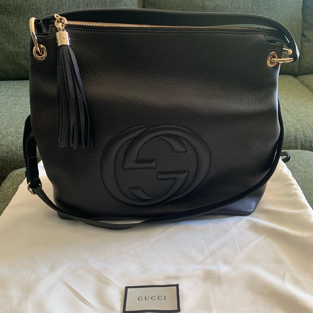 New Gucci Black Soho Leather Convertible Hobo Shoulder Bag with Gold Hardware